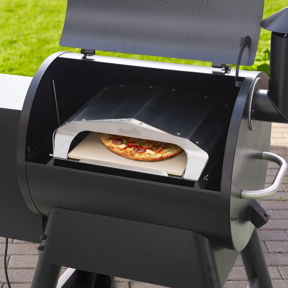Stanbroil heat capture extension concentrates heat for higher internal pizza oven temps.