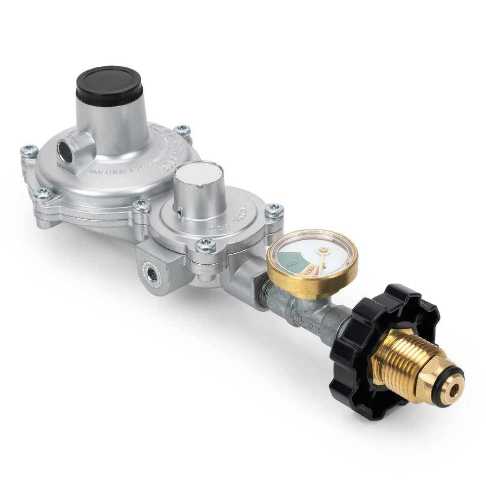 Stanbroil horizontal regulator gauge for precise propane flow outdoors.
