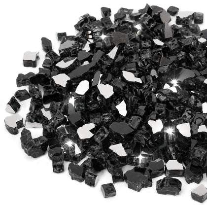 Stanbroil 10-Pound Onyx Black fire glass closeup highlights reflective surface for dazzling flames