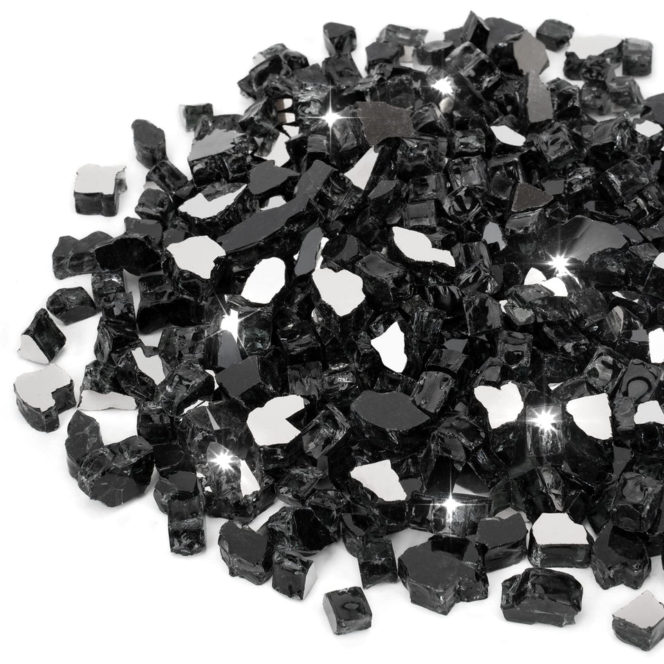 Stanbroil 10-Pound Onyx Black fire glass closeup highlights reflective surface for dazzling flames