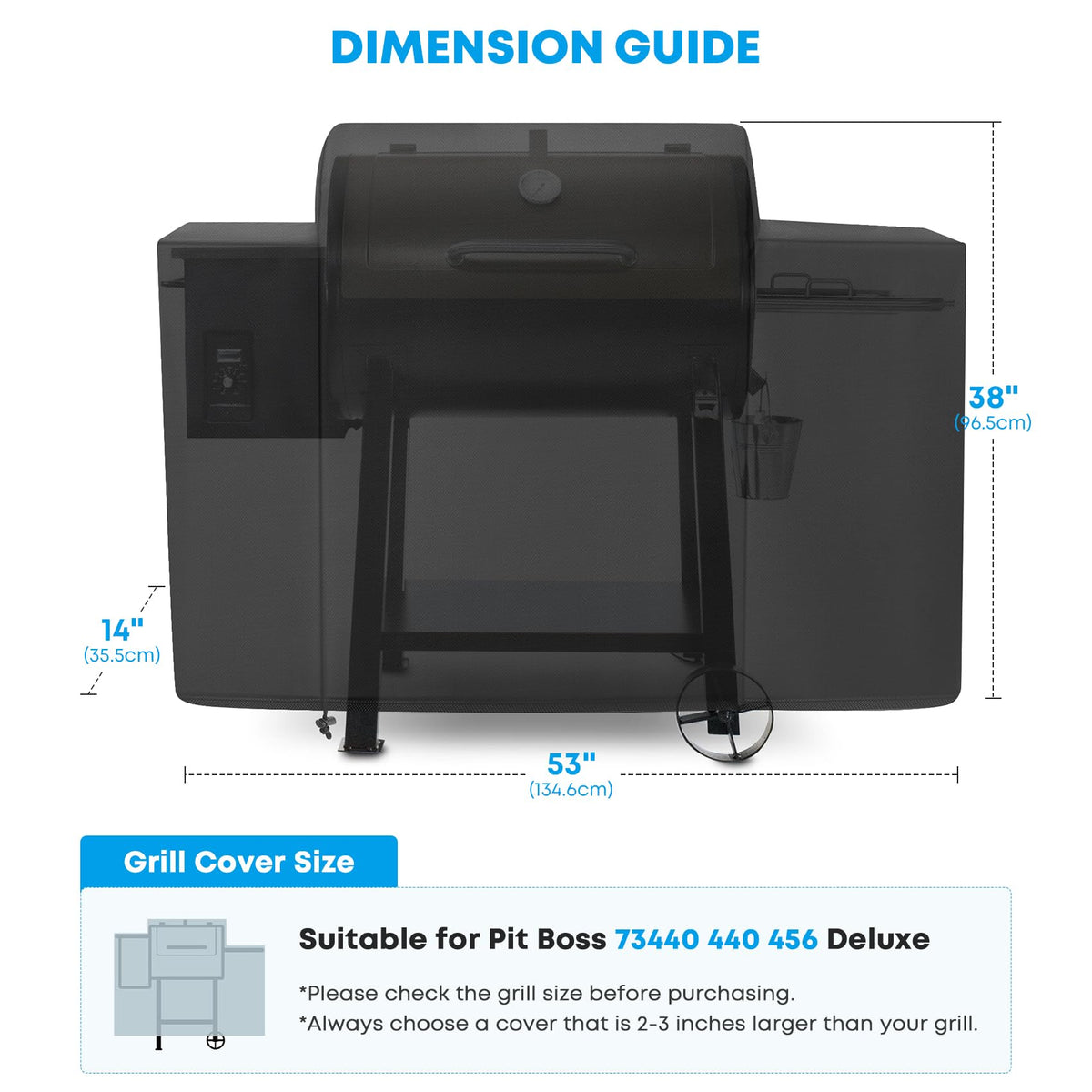Stanbroil pellet grill cover for Pit Boss Deluxe 73440 side view shields grill sides from dirt and moisture