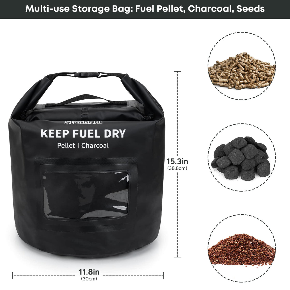 Stanbroil pellet storage bag label window for quick pellet type identification.