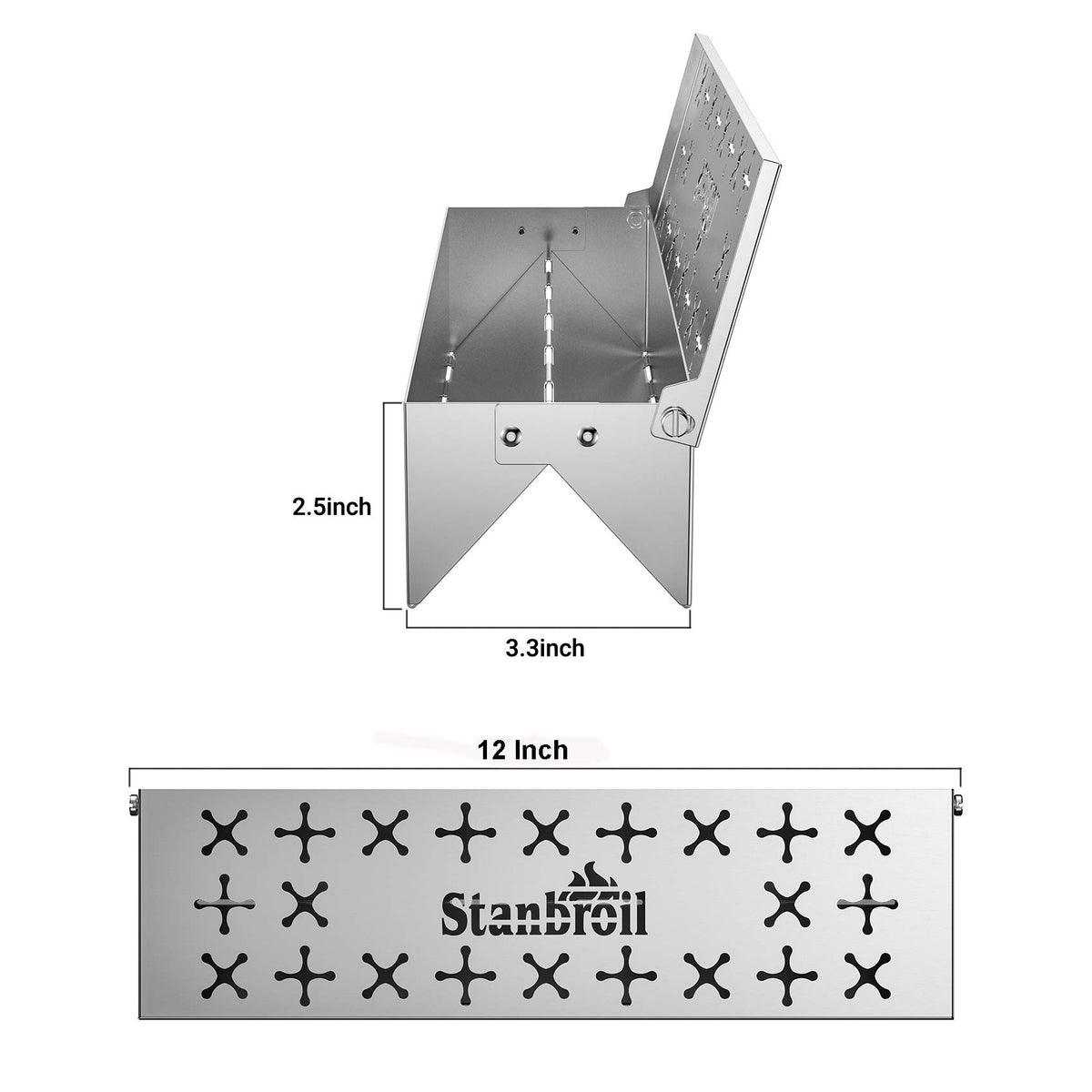 Stanbroil stainless steel smoker box on grill with hinged lid visible.