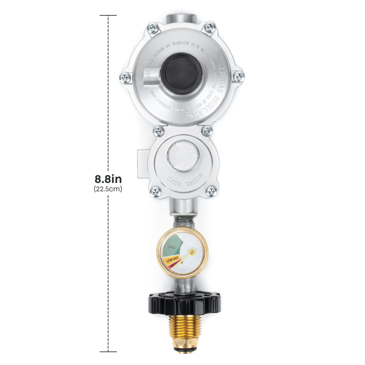 Stanbroil two-stage propane regulator with gauge for steady flame control.