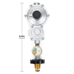Stanbroil two-stage propane regulator with gauge for steady flame control.