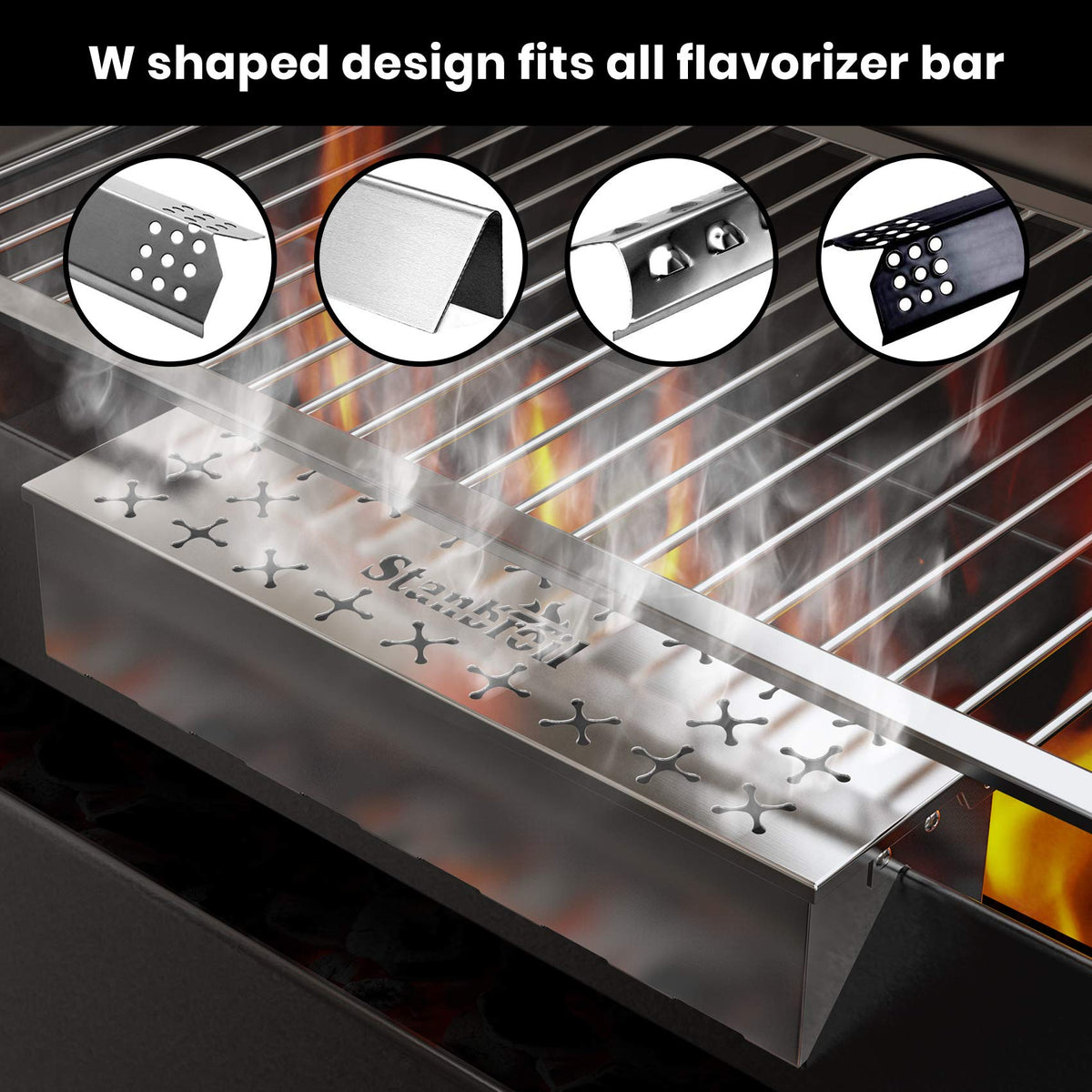Stanbroil V-shape design resting on grill grate for versatility.