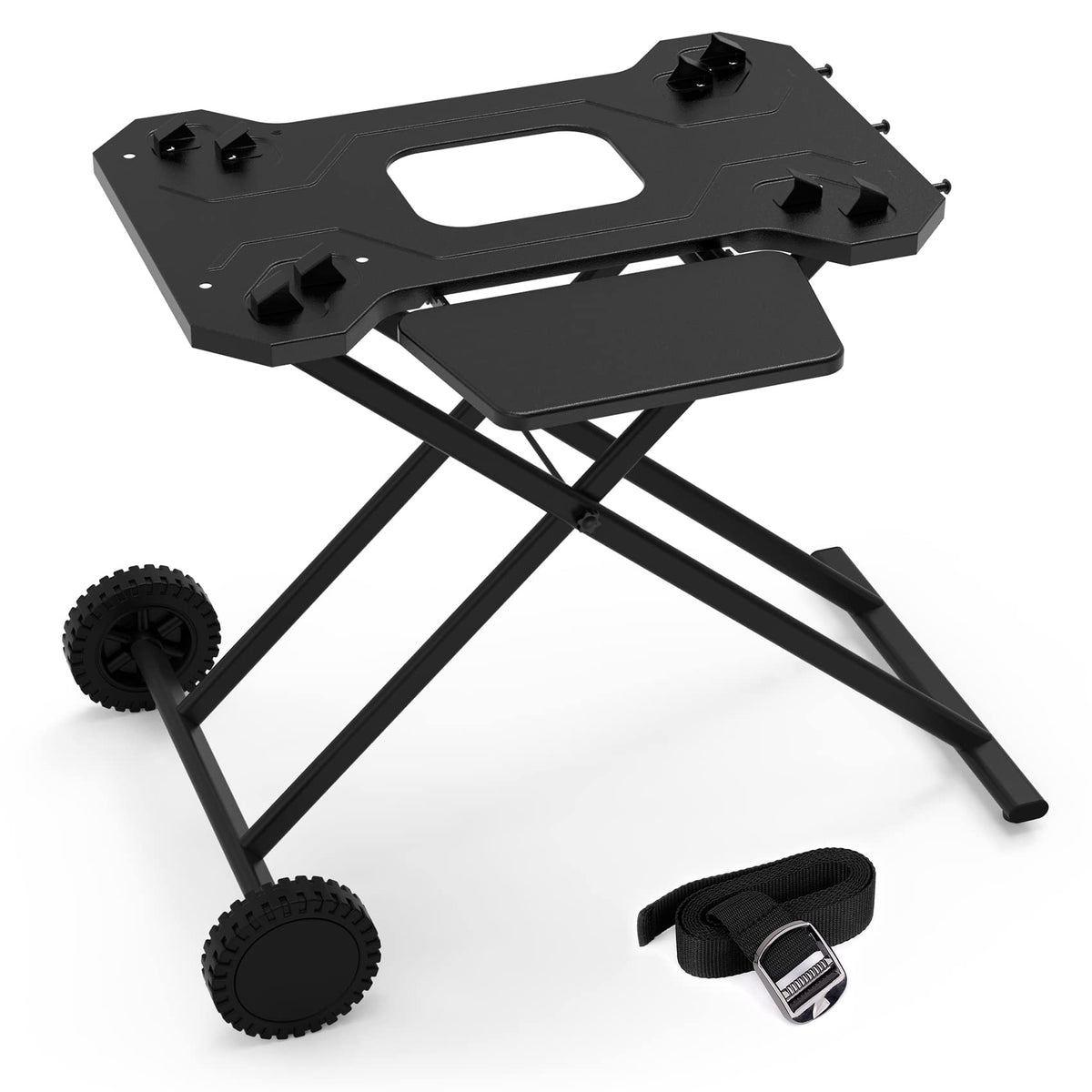 Stanbroil Weber Q cart front view shows sturdy metal frame and stable surface.
