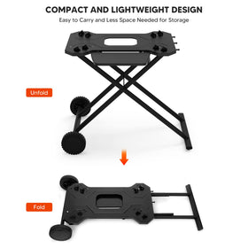 Stanbroil Weber Q cart includes hooks and a folding shelf for gear.