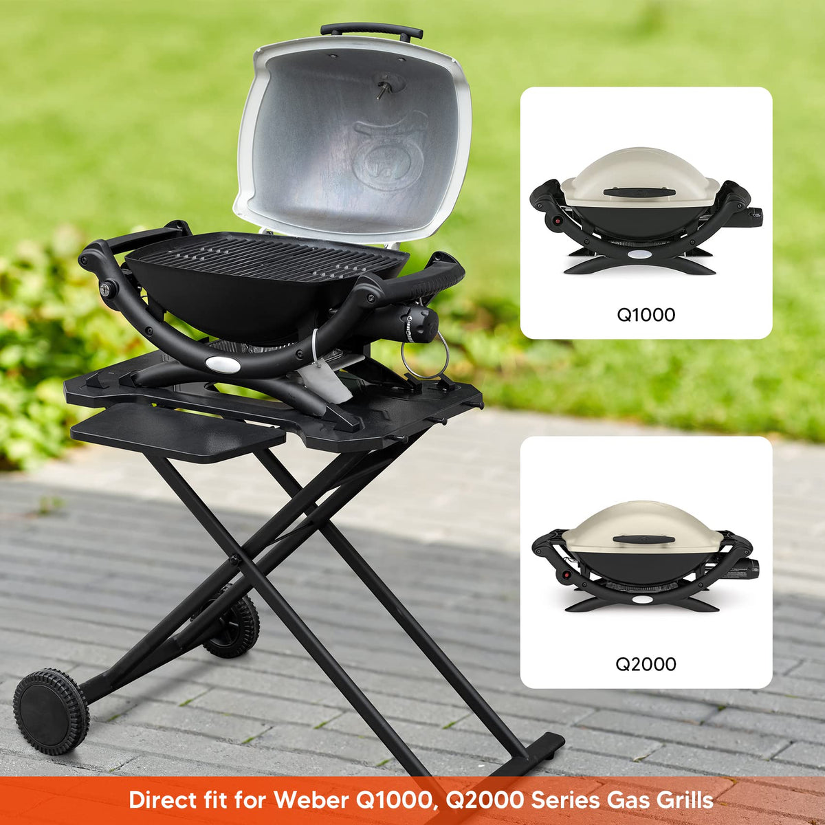 Stanbroil Weber Q cart with metal tabletop provides steady cooking space.