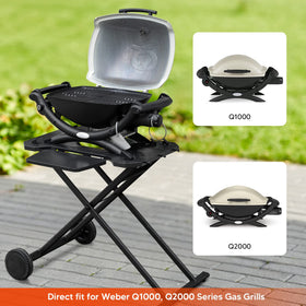Stanbroil Weber Q cart with metal tabletop provides steady cooking space.