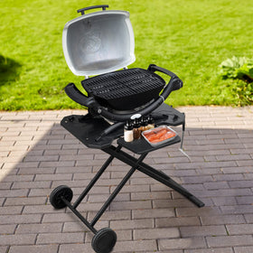 Stanbroil Weber Q cart on wheels for easy patio-to-camping transport.