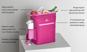 STANLEY All Day Madeleine Midi Cooler Backpack includes mesh pocket for water bottle storage.