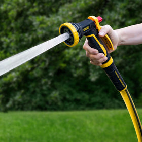 Stanley FatMax fan spray covers wide areas for quick yard watering.