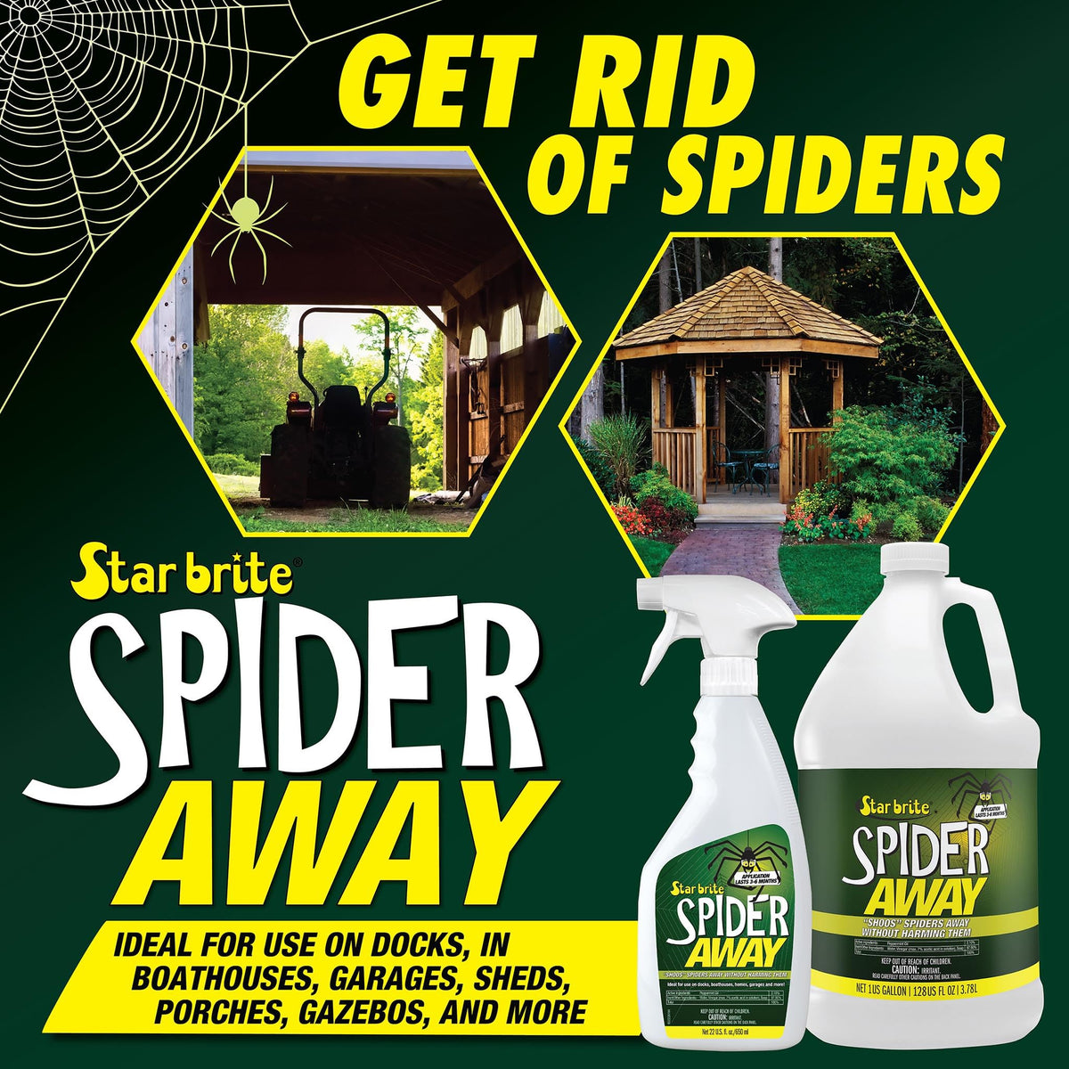 Star Brite Spider Away in garage setting guarding porches and docks from pests.