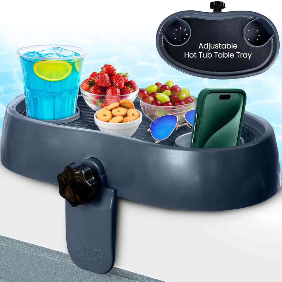 Star Splash adjustable hot tub tray attached to tub edge for easy reach