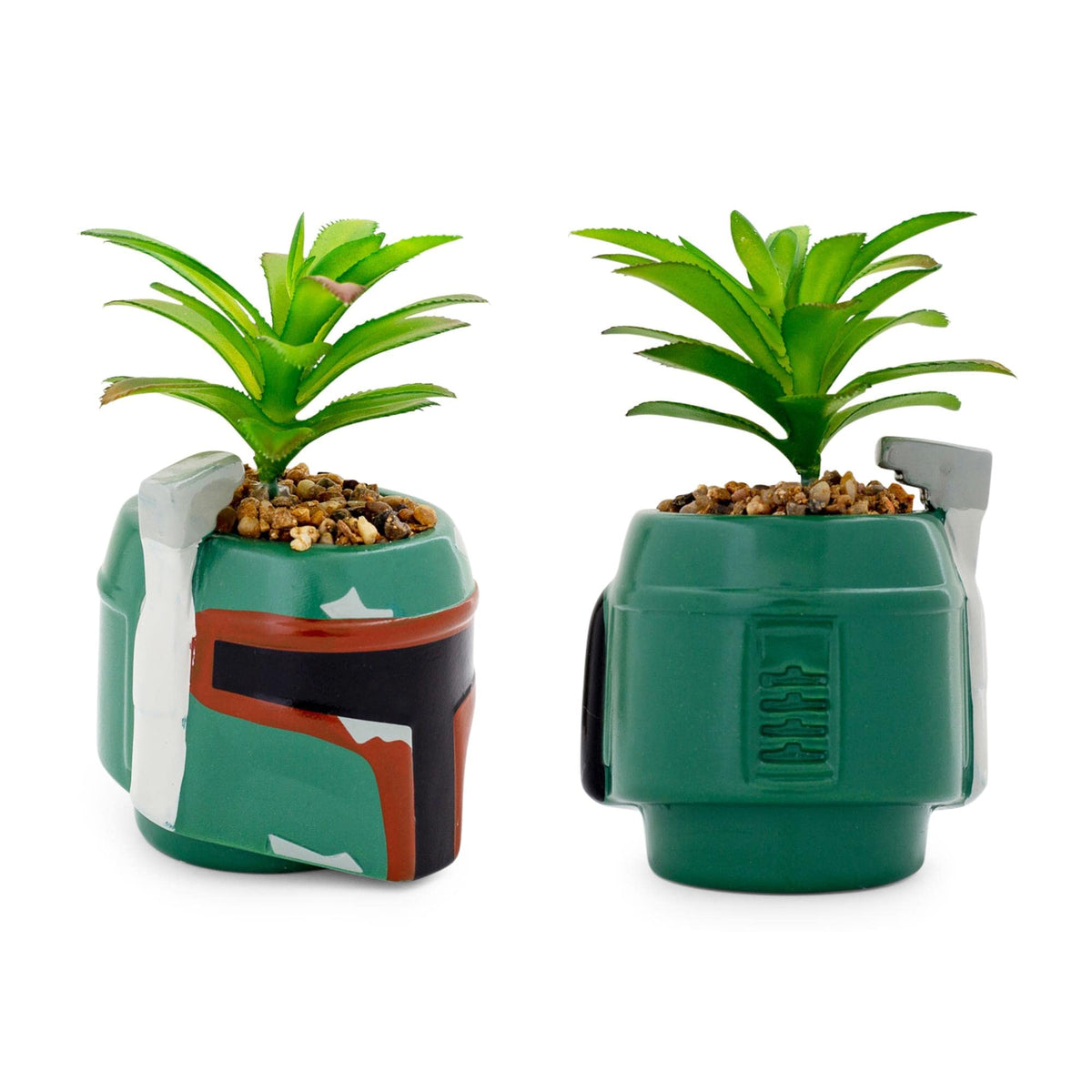 Star Wars Boba Fett planter with fake succulent creates low-maintenance greenery