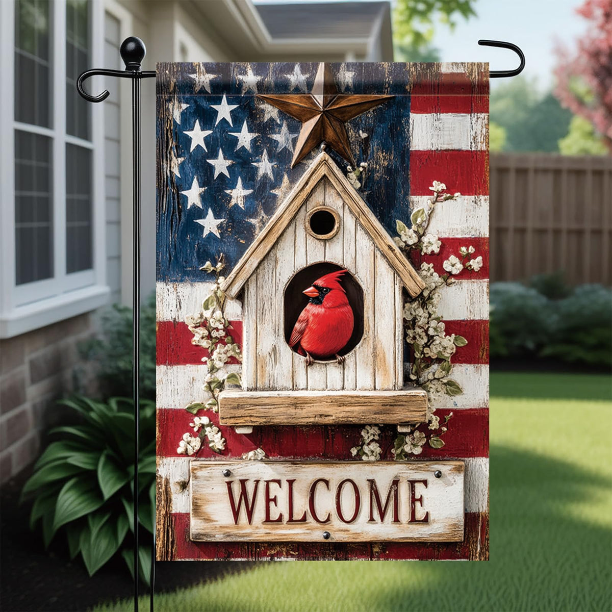 Starlit Patio American flag background enhances patriotic garden visuals.