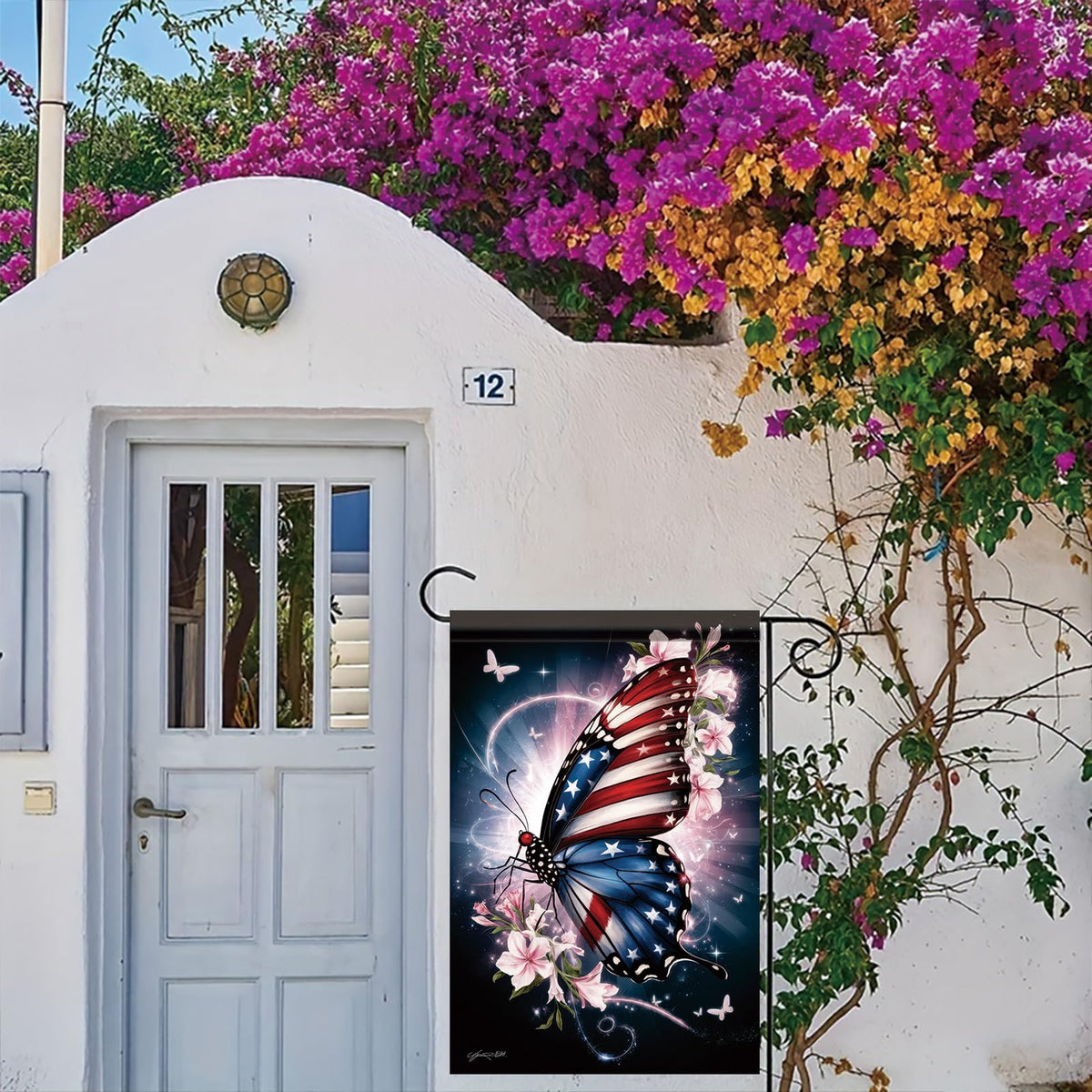Starlit Patio butterfly wings feature American flag pattern for bold outdoor display.
