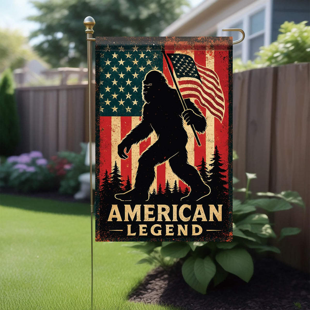 Starlit Patio Bigfoot flag on porch for outdoor use.