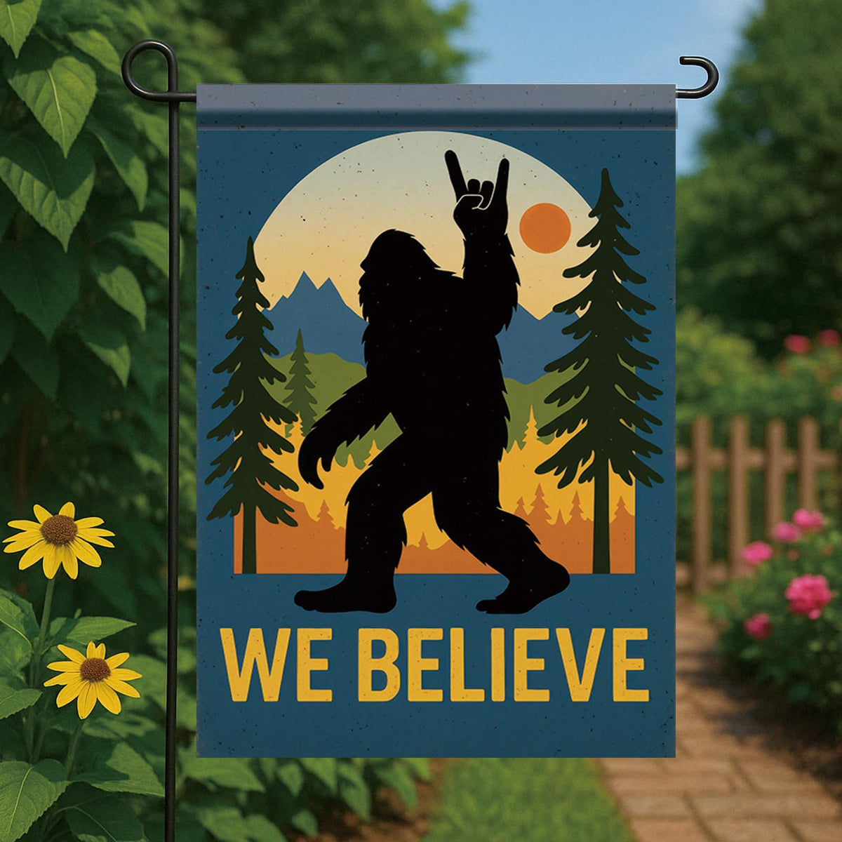 Starlit Patio Bigfoot flag rock on hand pose adds playful curb appeal