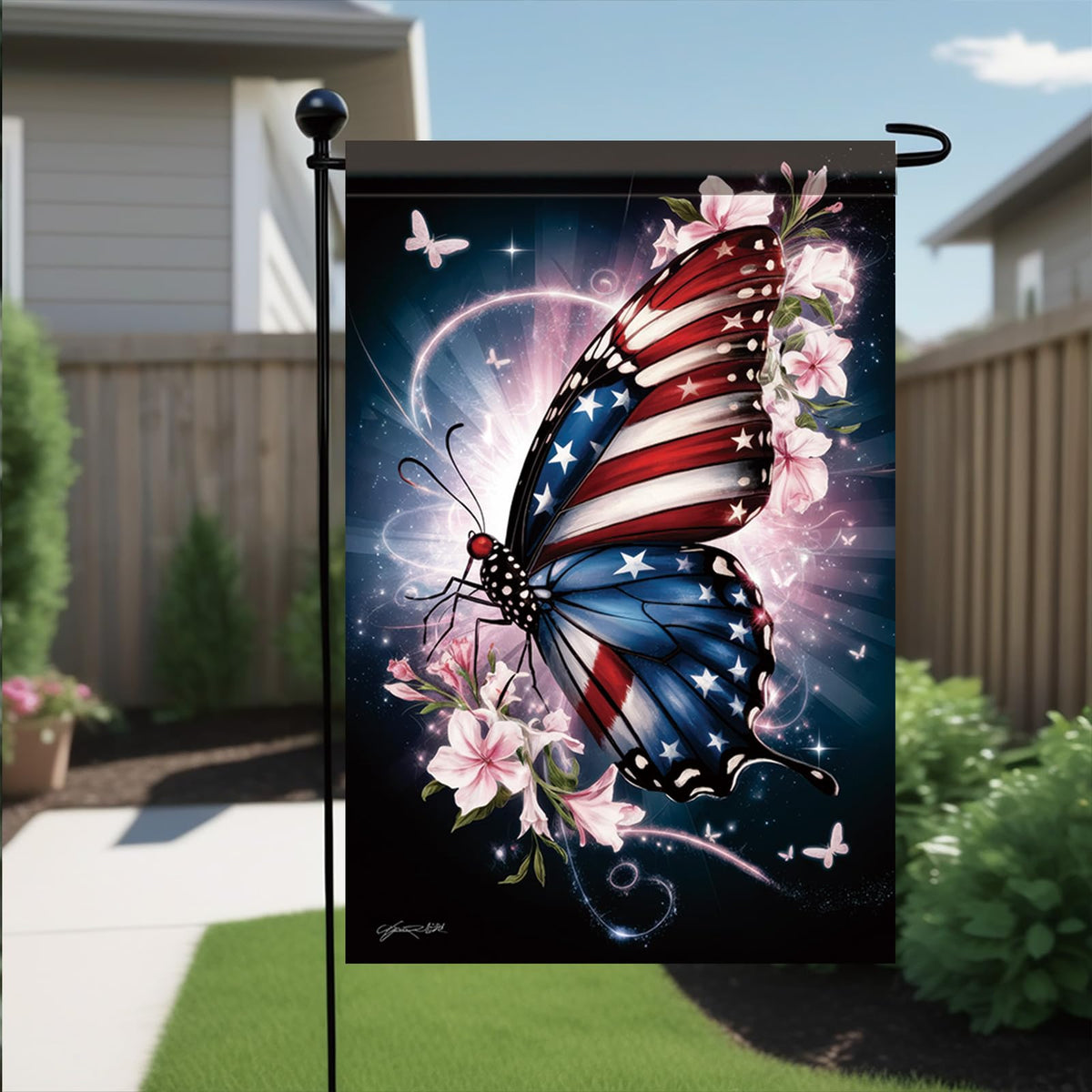 Starlit Patio flag set against blooming flowers creating a colorful garden scene.