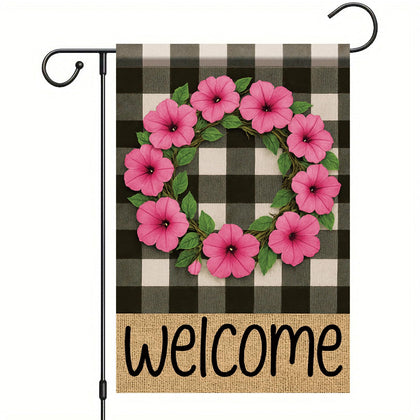 Starlit Patio buffalo plaid welcome flag front view for porch decor and curb appeal