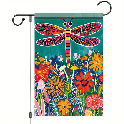 Starlit Patio butterfly garden flag bursts with pink, orange, and yellow hues.