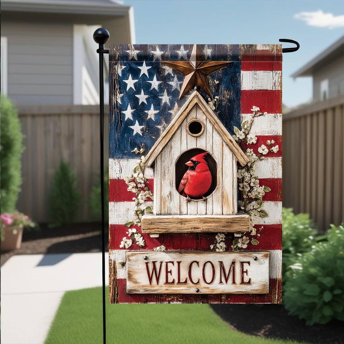 Starlit Patio cardinal on entrance flag for festive outdoor decor.