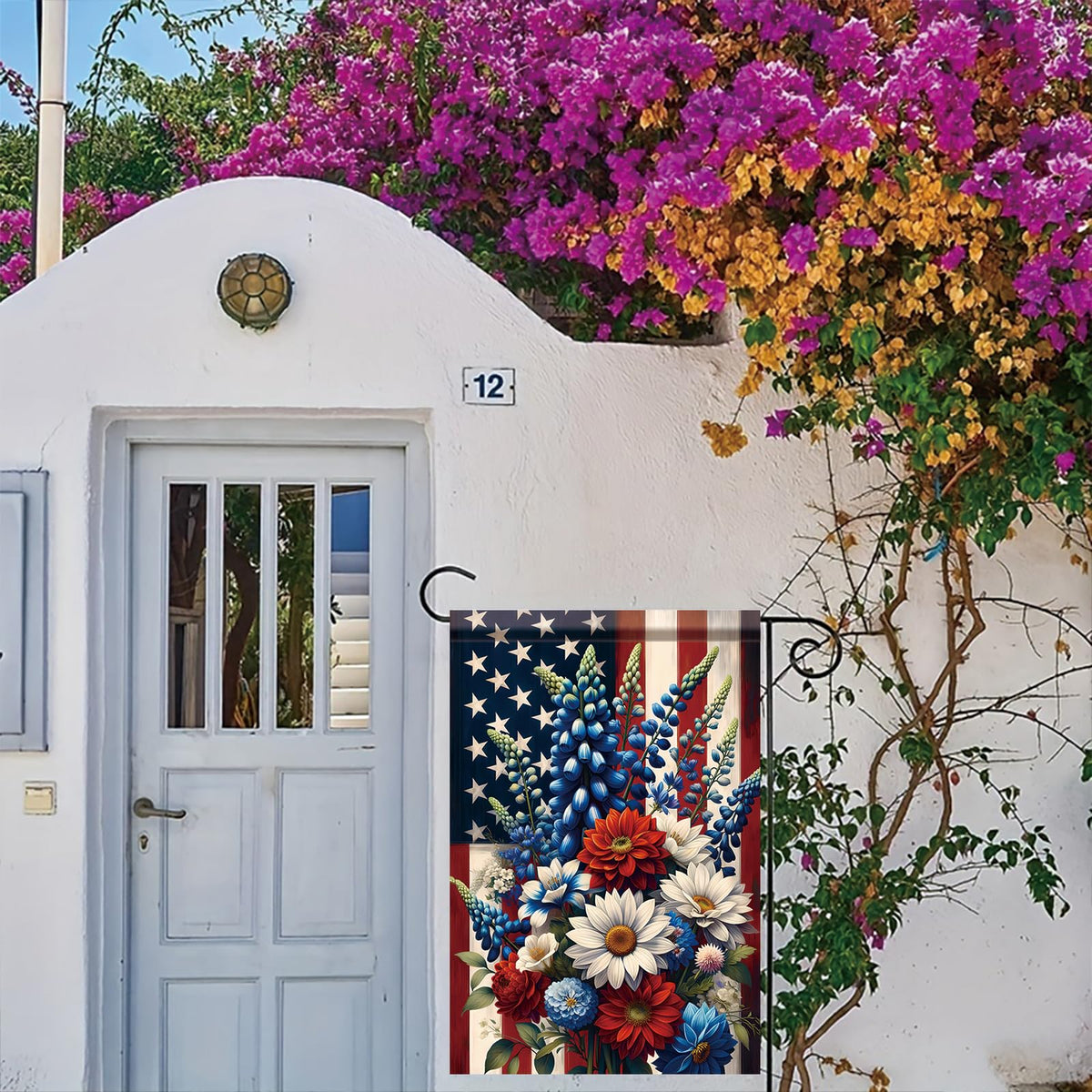 Starlit Patio Saoplasa compact 12x18 flag for quick porch setup.