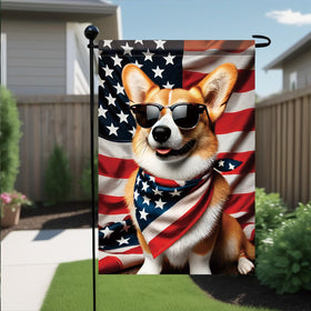 Starlit Patio corgi double-sided print flag for bright outdoor display.