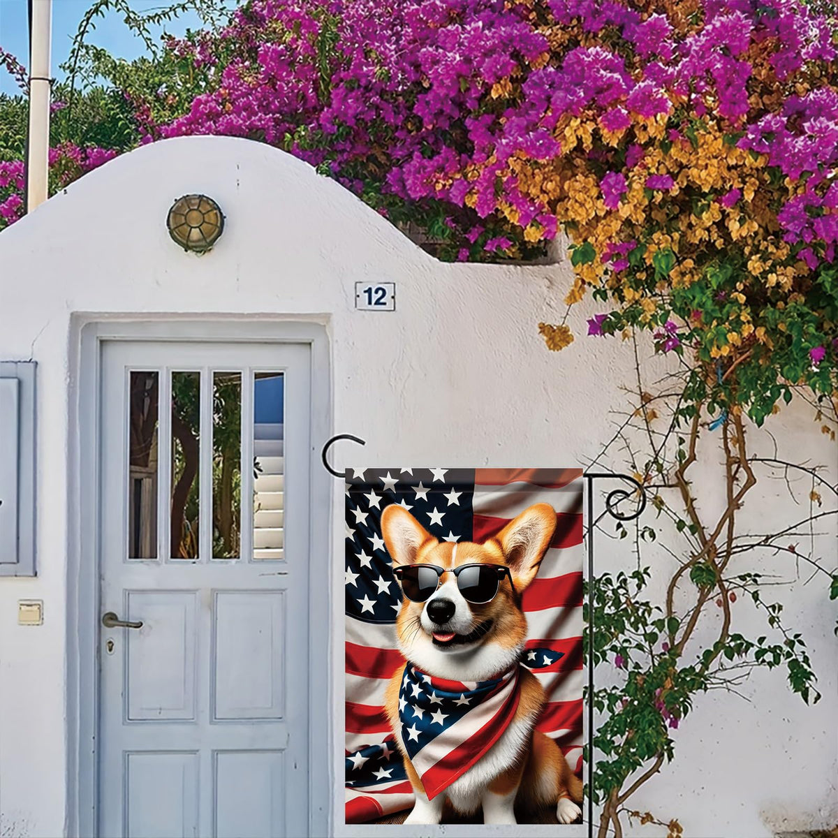Starlit Patio corgi wearing sunglasses flag adds festive porch accent.