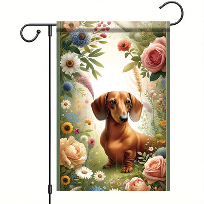 Starlit Patio dachshund flag with floral daisies brightens gardens and entryways.