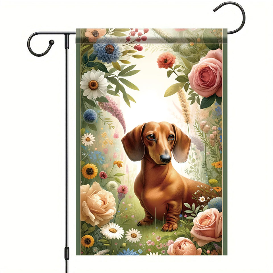 Starlit Patio dachshund flag with floral daisies brightens gardens and entryways.