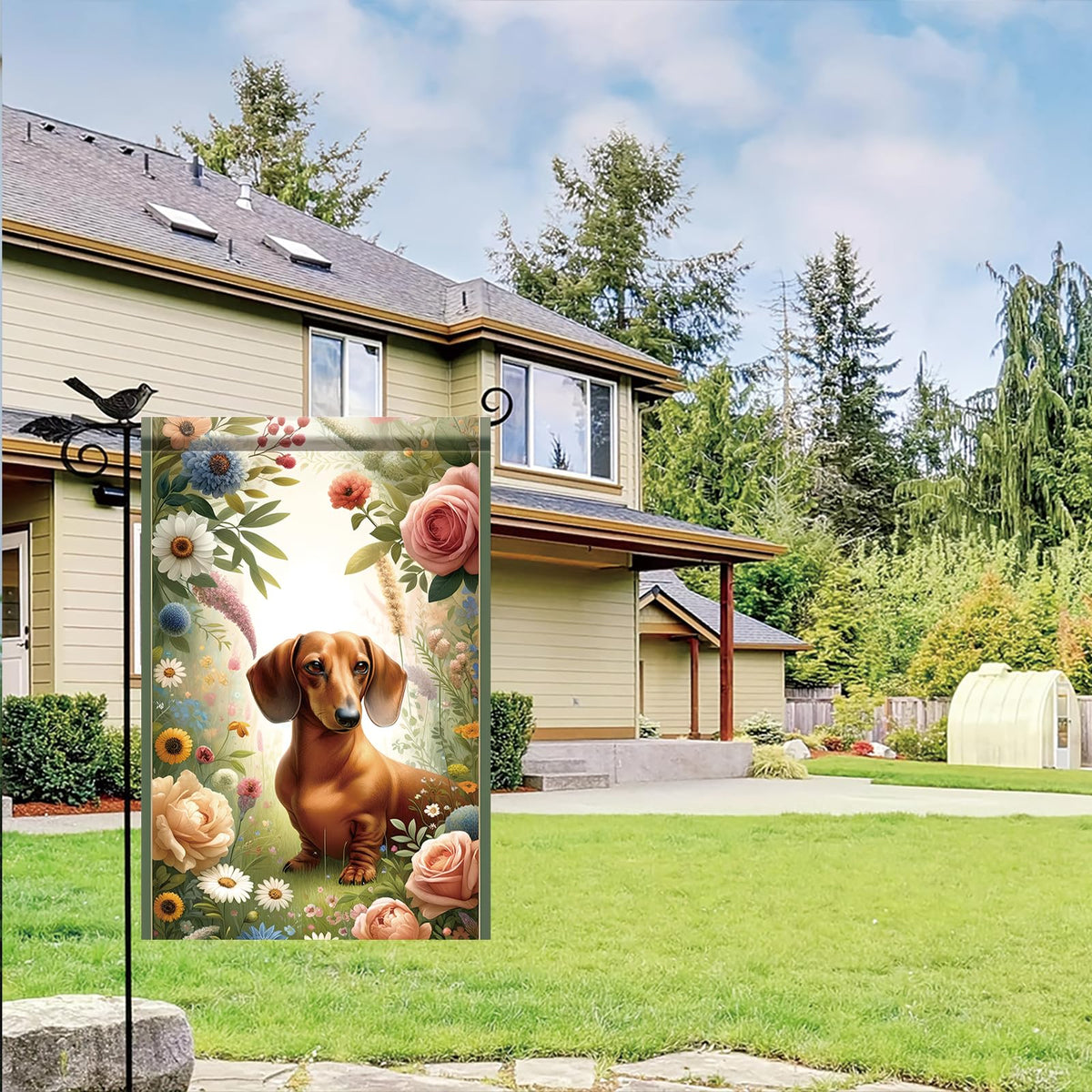 Starlit Patio flower-daisy dachshund flag creates welcoming curb appeal for guests.
