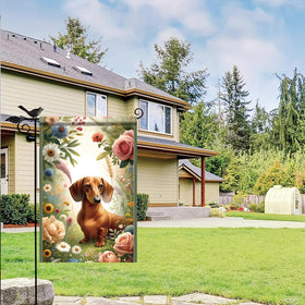Starlit Patio flower-daisy dachshund flag creates welcoming curb appeal for guests.