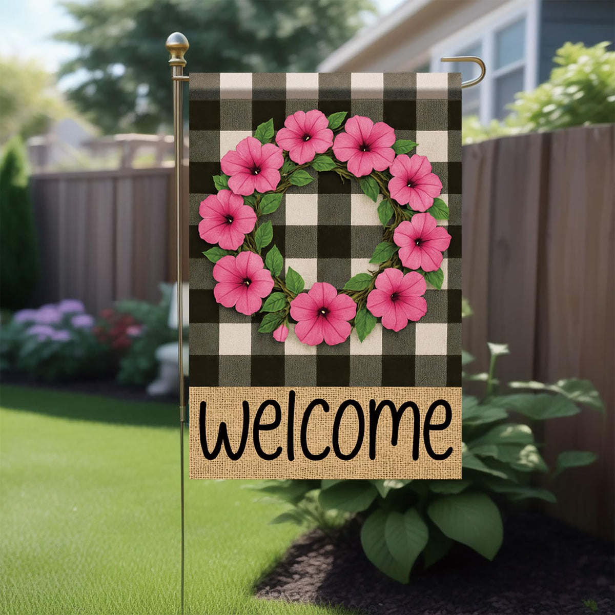 Starlit Patio 12x18 flag on a stand showing both sides clearly