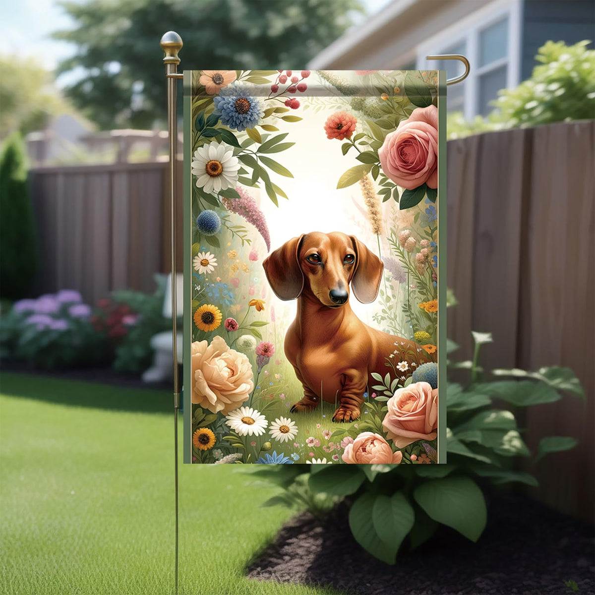 Starlit Patio double-sided dachshund flag adds seasonal charm to porches and yards.