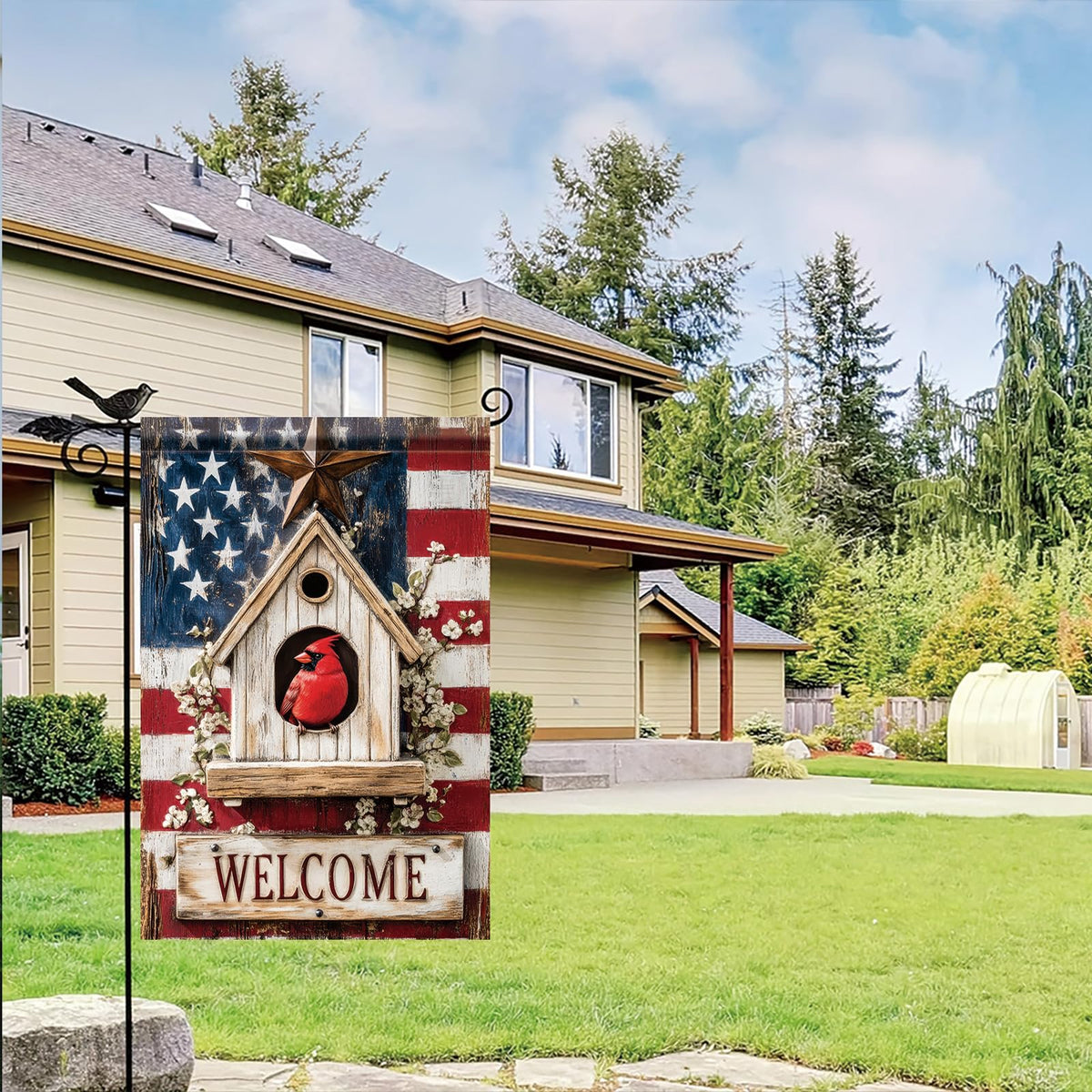 Starlit Patio double-sided flag remains visible from all angles.