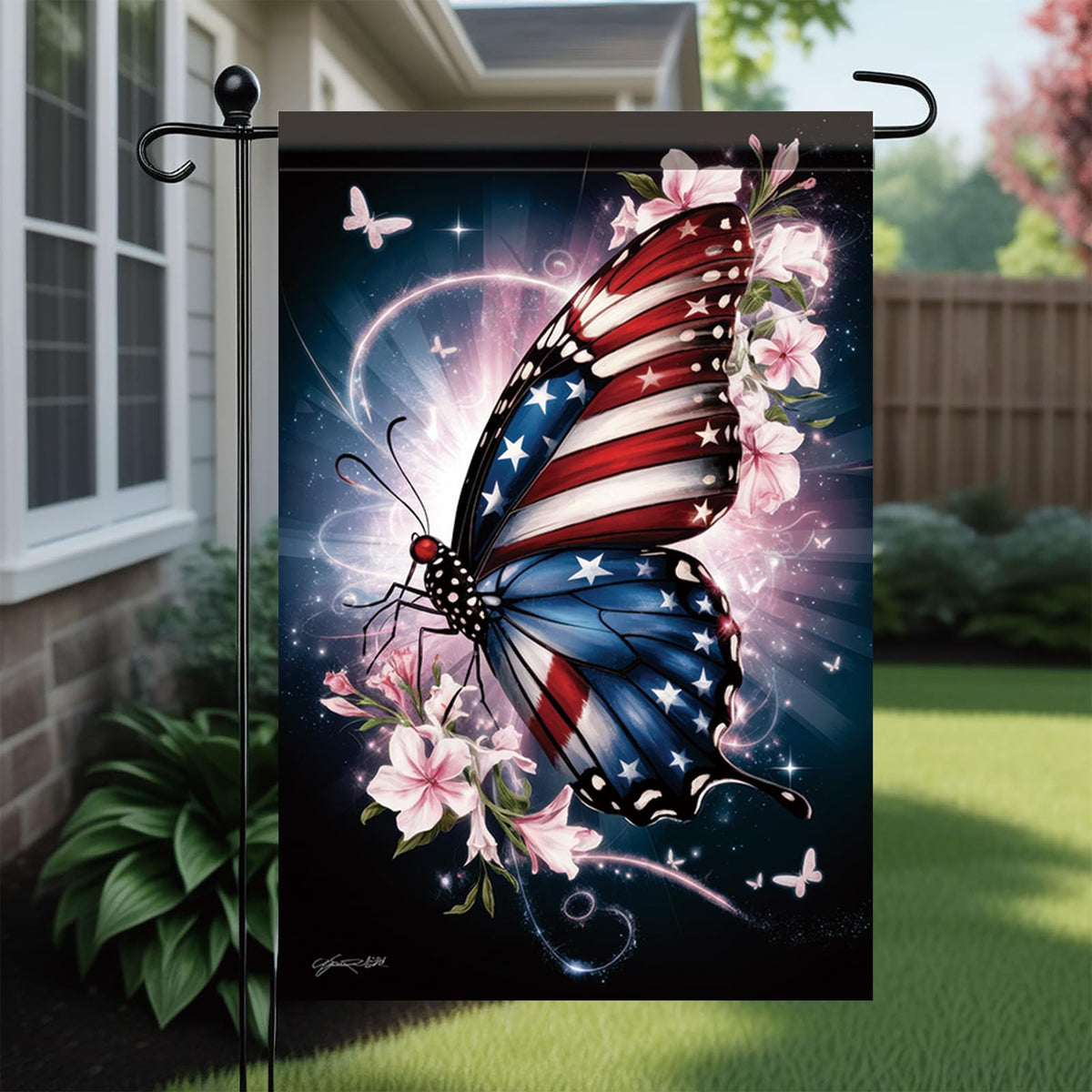 Starlit Patio double-sided flag design visible from both sides for versatile viewing.