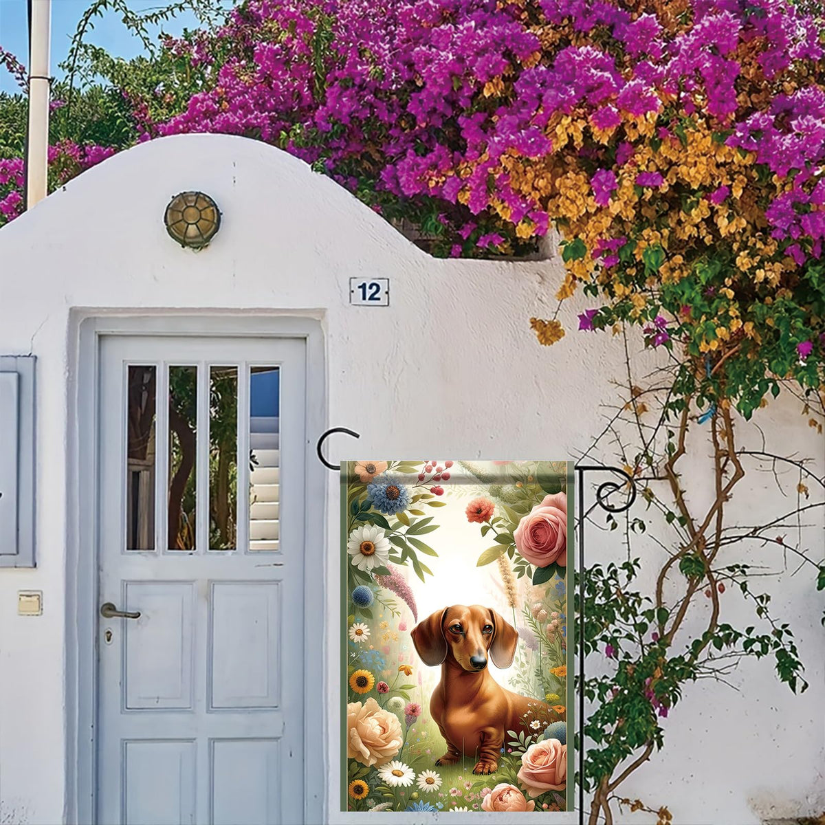 Starlit Patio dachshund garden flag for patios and balconies, ideal seasonal decor.