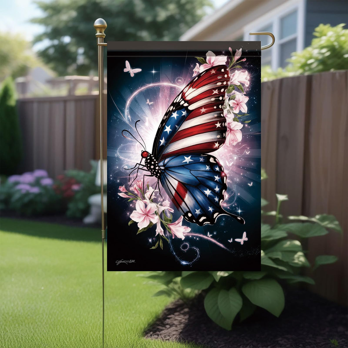 Starlit Patio illustration shows flag attached to standard garden pole for easy setup.