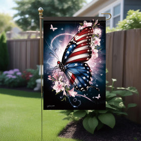 Starlit Patio illustration shows flag attached to standard garden pole for easy setup.