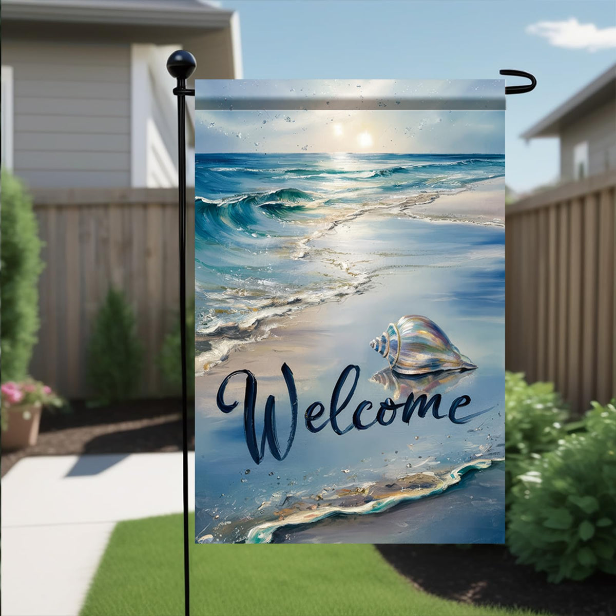 Starlit Patio ocean waves sunset flag; great seaside ambiance for patio or yard.