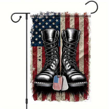 Starlit Patio patriotic flag with military boots—front view, ideal for Memorial Day display