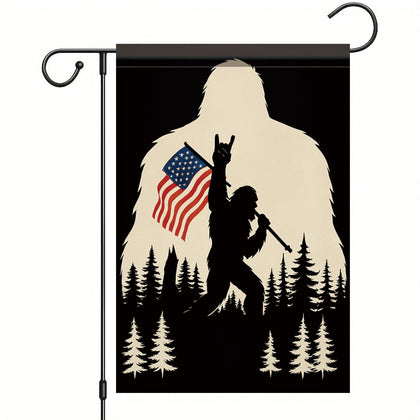 Starlit Patio Sasquatch flag front view with waving US flag for outdoor flair