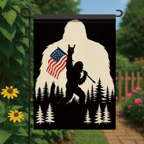 Starlit Patio patriotic Sasquatch flag in garden gate display adds playful charm