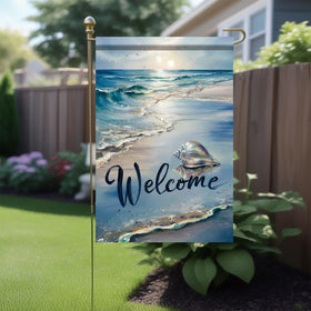 Starlit Patio seashell starfish flag; durable outdoor decoration for gardens.