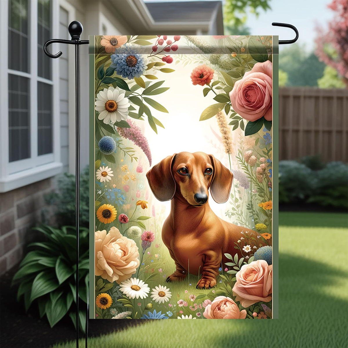 Starlit Patio spring dachshund flag features double-sided print for clear reading from both sides.