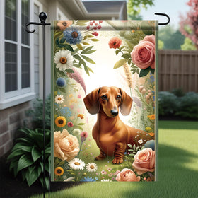 Starlit Patio spring dachshund flag features double-sided print for clear reading from both sides.