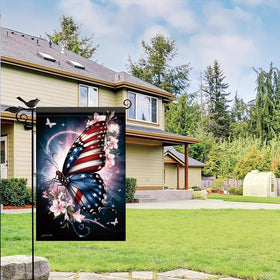 Starlit Patio starry sky backdrop enhances patriotic butterfly motif in evening light.